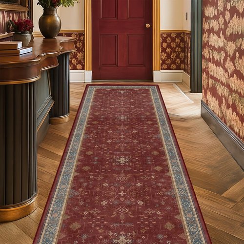 Boho 2x7 Long Runner - Washable Non-Slip Indoor Floor Mat for Kitchen & Entryway, Dark Red Floral Design