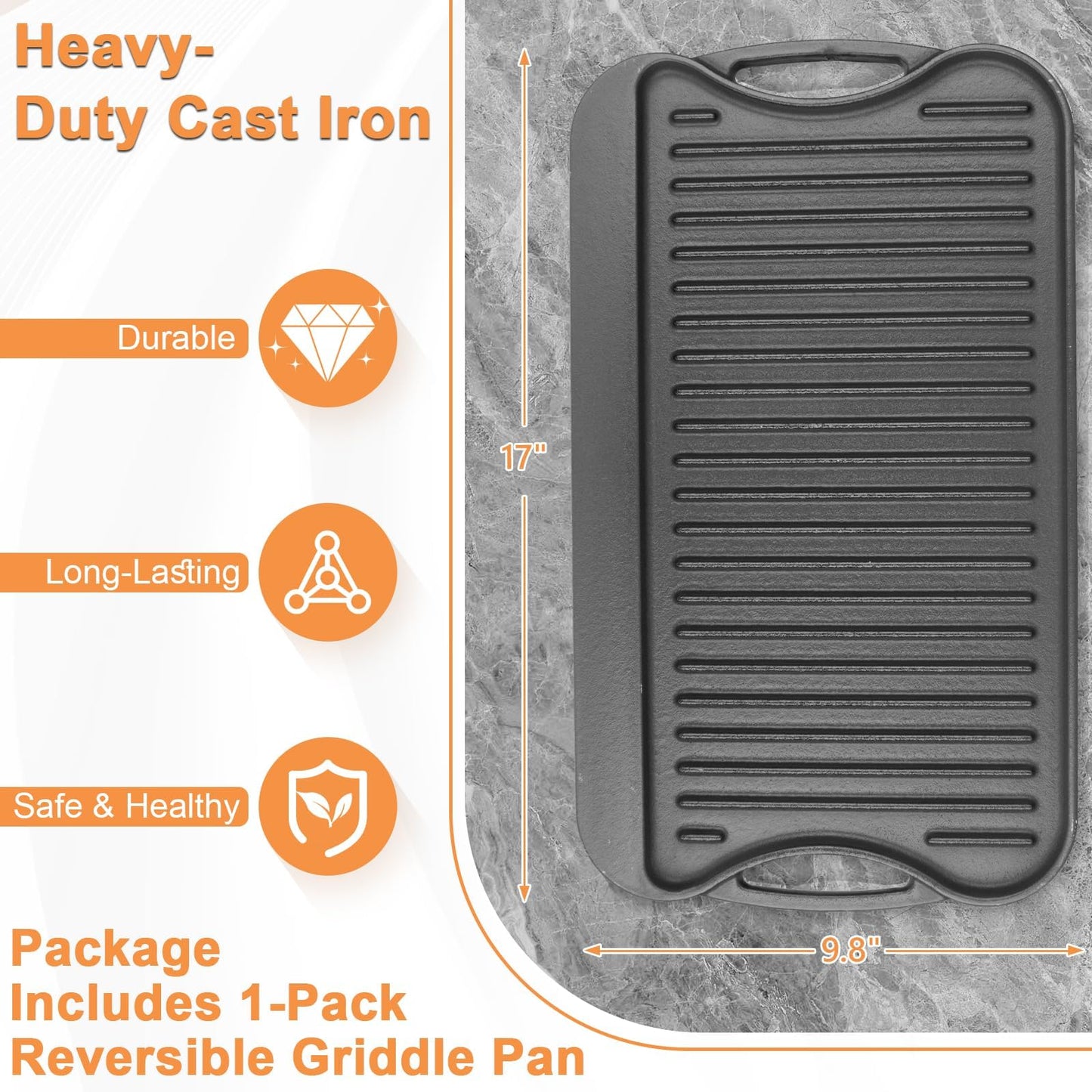 PETKAO Large Cast Iron Griddle Insert, Skillet, Oblong Grilling Pan for Stovetop,Pre-Seasoned Stovetop Griddle Gas Stove Grill Plate Oven, 17" x 10" Reversible Pancake Pan for Weber,Charbroil etc.,1PC