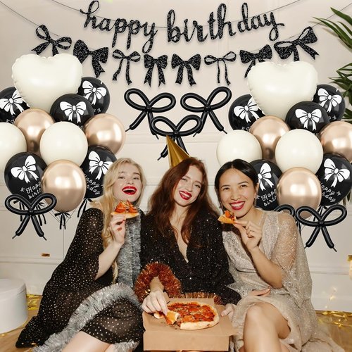 Bow Coquette Party Decorations - Happy Birthday Banner & Black Gold Bow Balloons | Heart Foil Balloons for Girls