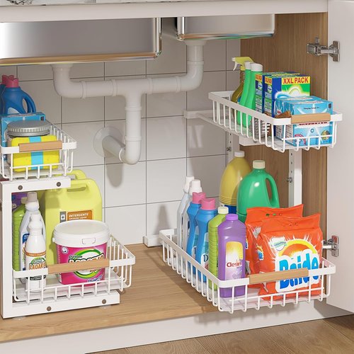 ADRIMER Under Sink Organizer - 2 Pack Pull-Out Kitchen & Bathroom Storage Shelves, White