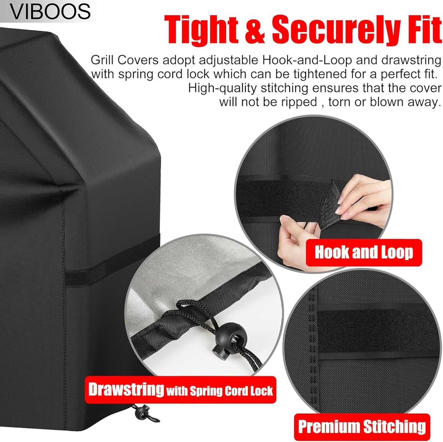 Skiennix 58-Inch BBQ Gas Grill Cover - Waterproof, Anti-UV, Rip-Proof, Adjustable Hem, Black