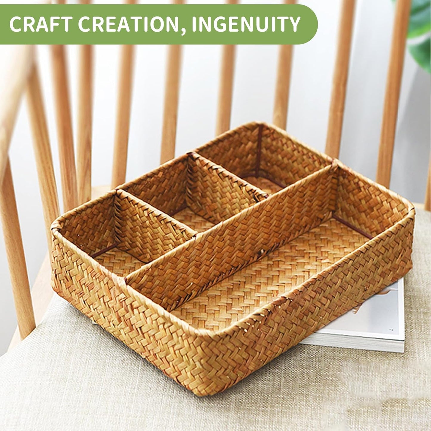 Wicker Baskets | 4-Section Tea Bag & Sugar Packet Holder - Seagrass Compartment Organizer for Home & Office