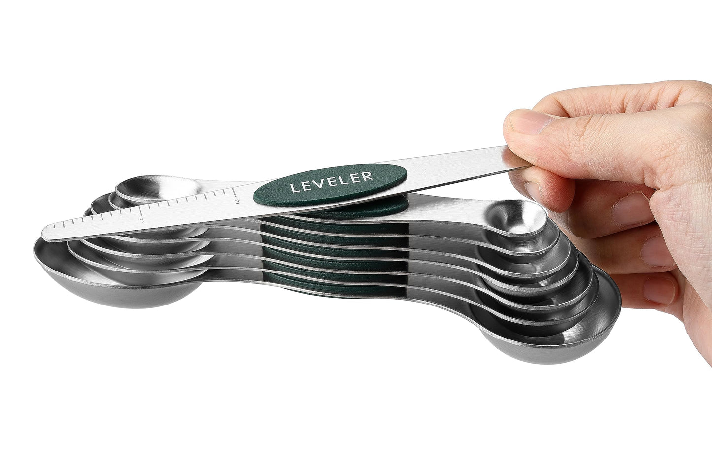 Spring Chef Stainless Steel Magnetic Measuring Spoons Set of 8 with Leveler, Stackable Magnetic Teaspoon & Tablespoon Set, Metal Kitchen Gadgets for Baking & Cooking, Fits in Spice Jars - Pine Green