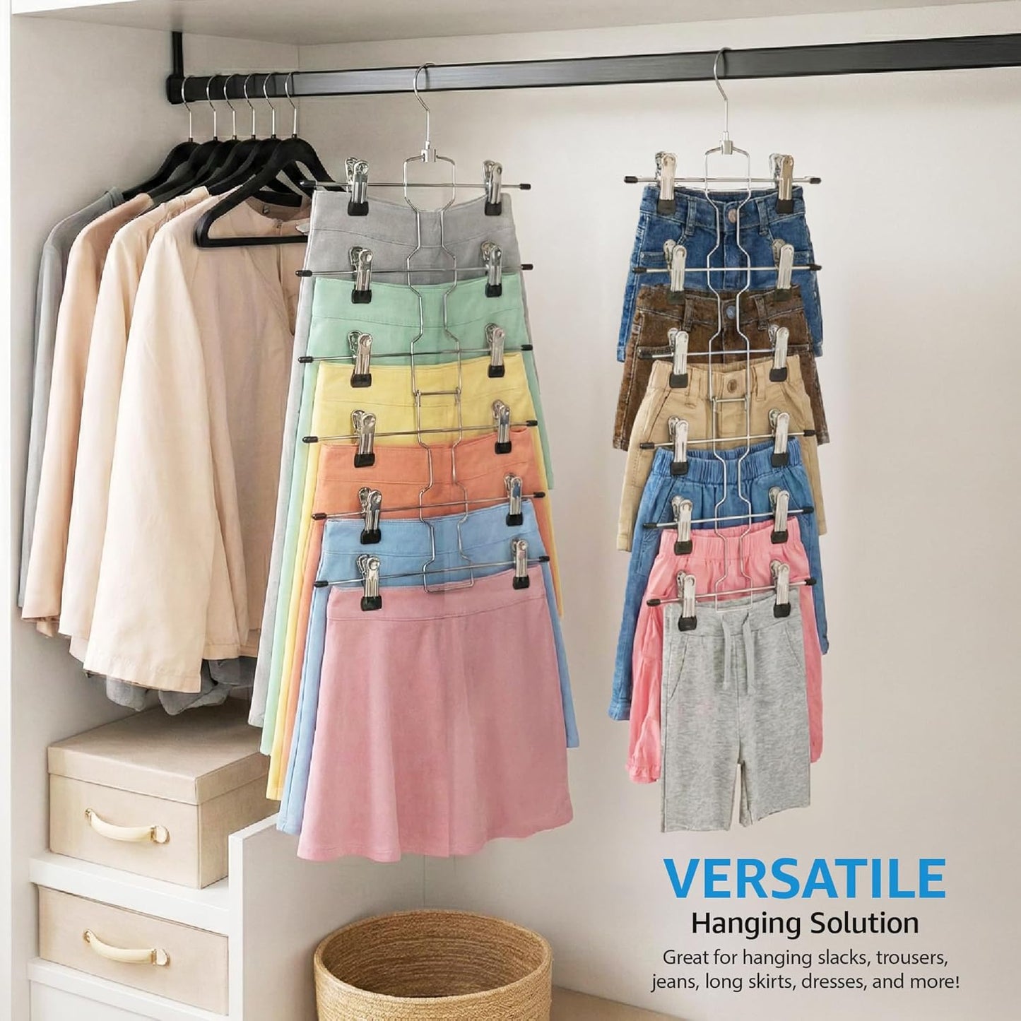 ZOBER 3-Pack 6-Tier Skirt Hangers with Clips - Space-Saving Closet Organizer for Women’s Jeans & Skirts