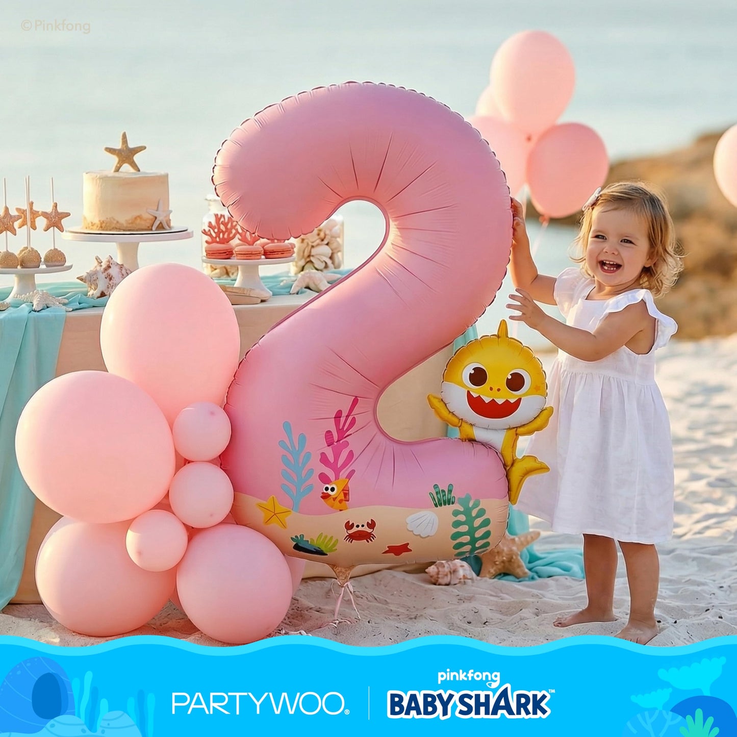 PartyWoo Baby Shark Pink Foil Number 2 Balloon 5pcs 40 18 Inch Pink Round Star Mylar Helium Birthday Balloons for Boys and Girls Baby Shark Under the Sea Ocean Kids Second Birthday Party Decorations