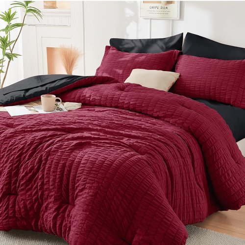 HYMOKEGE California King Comforter Set - Luxury 7-Piece Seersucker Bedding in Red & Black