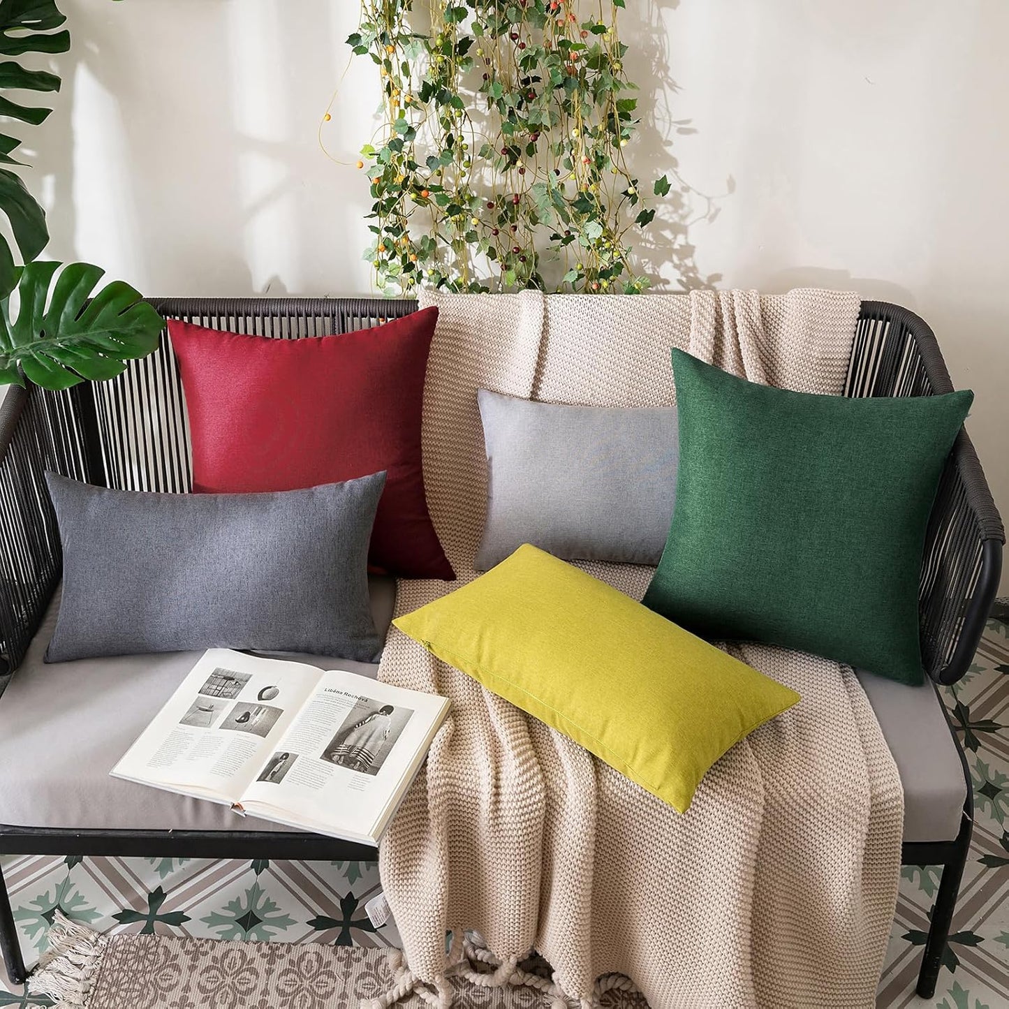 MIULEE Decorative Outdoor Throw Pillow Covers - Waterproof Faux Linen Cushion Cases | 20x12 Inch Emerald Green (Pack of 2)