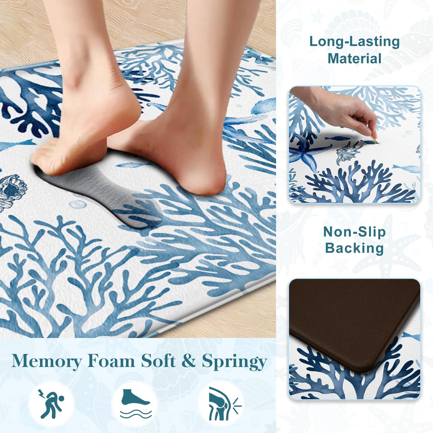 Kitchen Mats for Floor Cushioned Anti Fatigue Sets of 2 Coastal Kitchen Rugs Non Slip Waterproof Nautical Foam Kitchen Floor Rug Beach Theme Coral Fish Comfort Standing Mat for Sink Laundry, Blue
