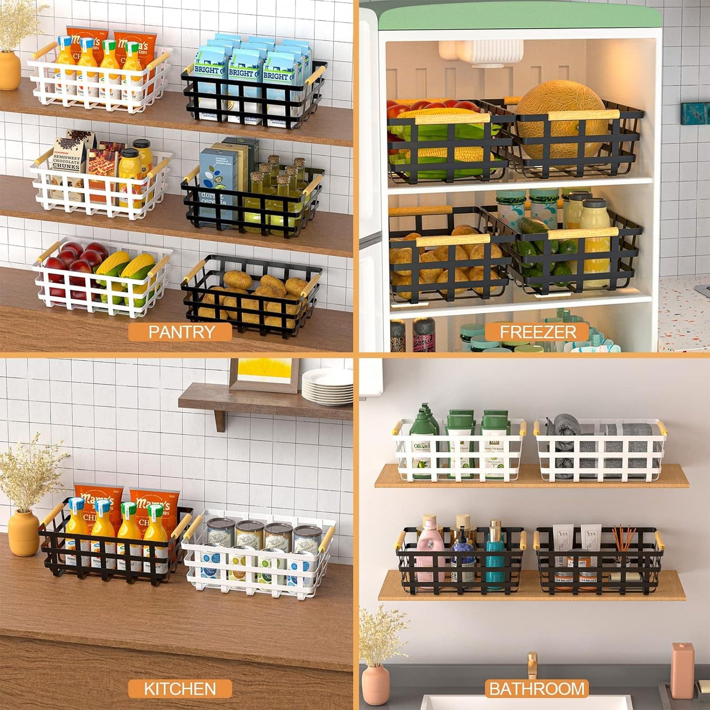 4 Pack Large Metal Storage Baskets, Farmhouse Baskets, Pantry Organizer Baskets with Wood Handle, Metal Baskets Bins for Kitchen Pantry Shelf Cabinets, White