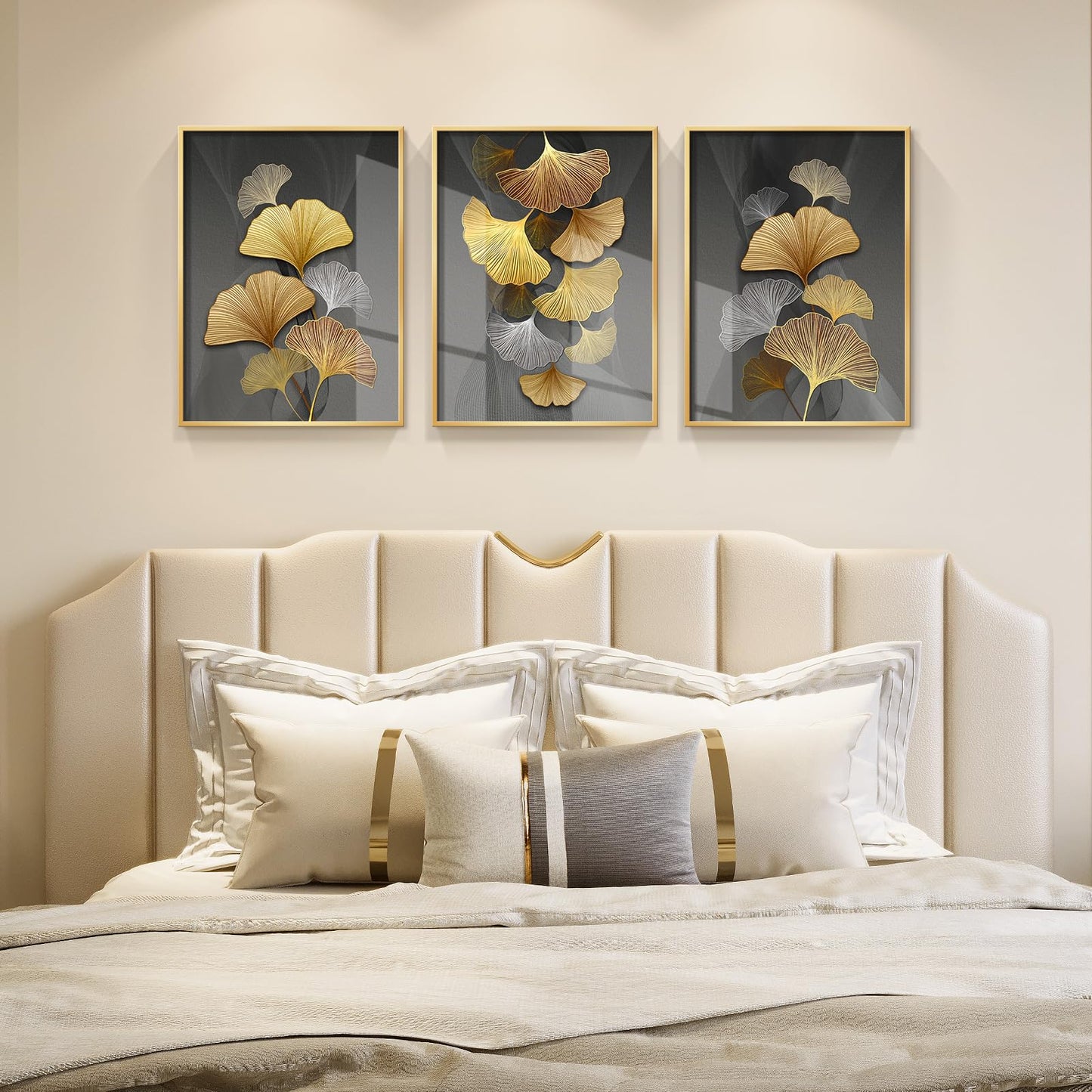 Framed Leaf Wall Art Set -Modern Gold Framed Abstract Leaves Prints Pictures Wall Decor, 3 Piece Minimalist Plant Paintings for Living Room Bedroom Home Office Kitchen and Dining Room Home Decor 12x16
