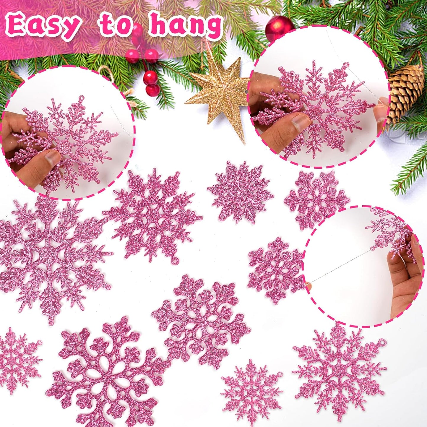 Skiennix 36pcs Christmas Light Pink Snowflake Ornaments - Glittery Plastic Decorations for Winter Trees