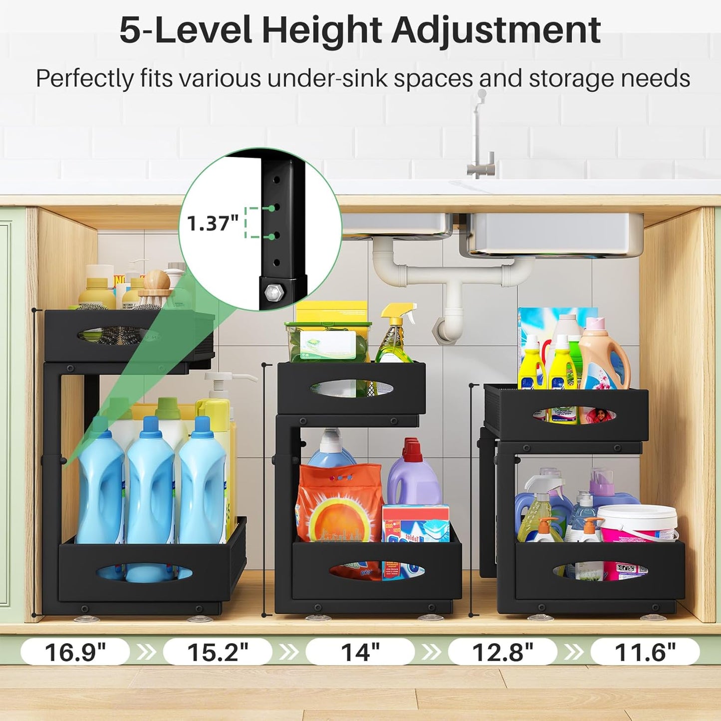 Under Sink Organizer - 2 Tier Pull-Out Cabinet Storage Baskets with Mesh Drawers | Versatile for Kitchen, Bathroom, Office