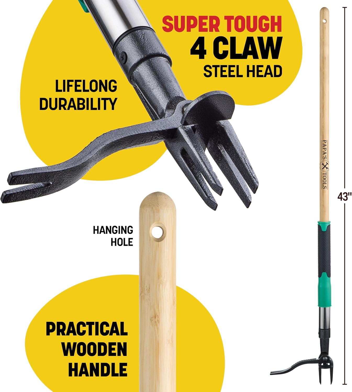 Papa's Tools Weed Puller - 44" Stand-Up Weeder with 4-Claw Steel Head & Bamboo Handle for Easy Gardening