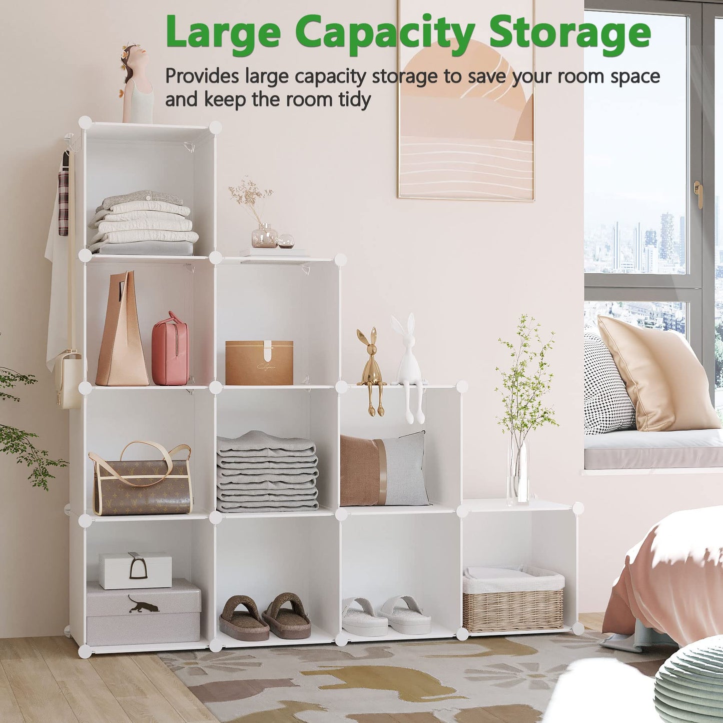 C&AHOME Cube Storage Organizer, 12-Cube Shelves Units, Closet Cabinet, DIY Plastic Modular Book Shelf, Ideal for Bedroom, Living Room, Office, 36.6" L x 12.4" W x 48.4" H Milky UPCS12M