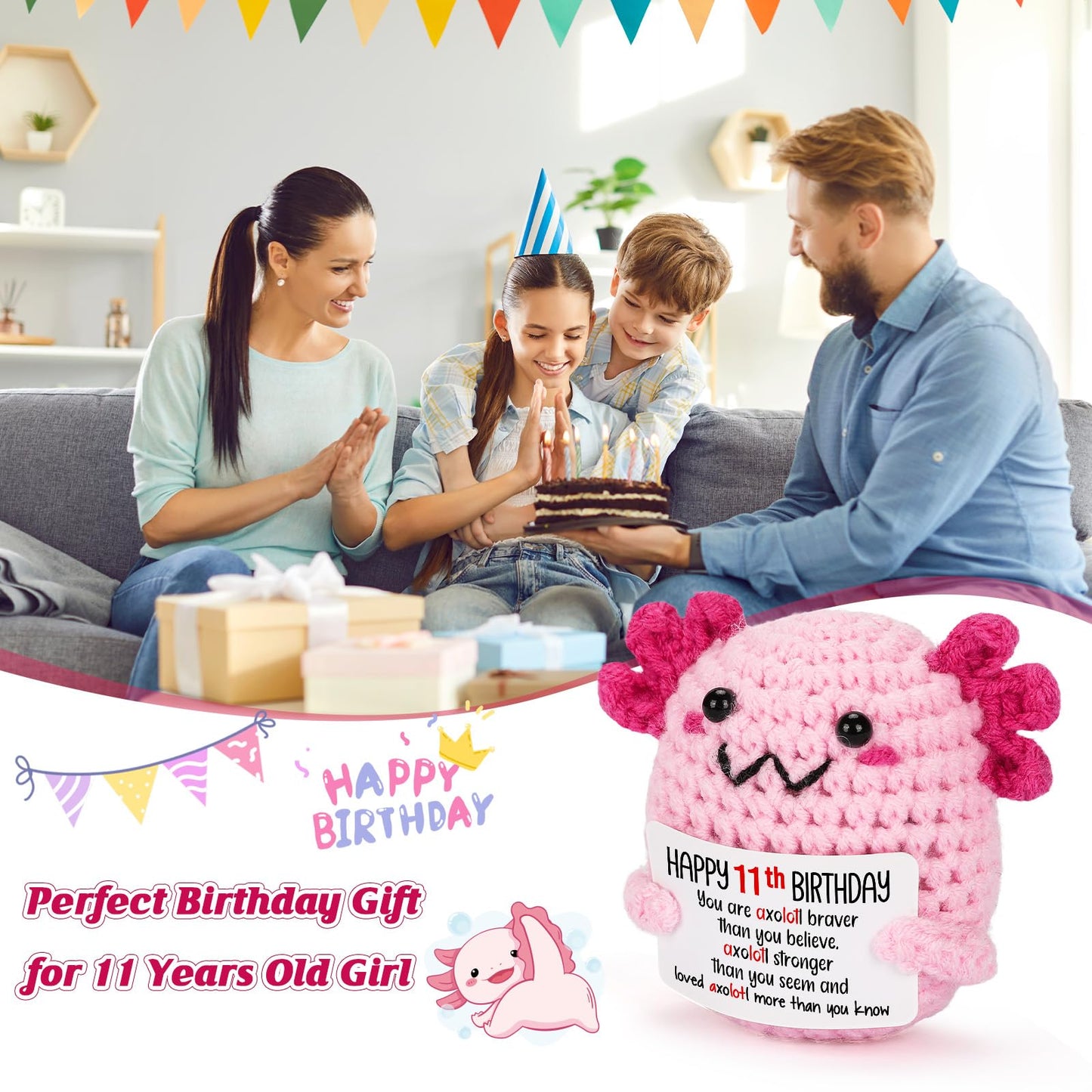 WEYON 11 Year Old Girl Birthday Gift Ideas, Mini Crochet Axolotl Plush for 11th Birthday Gift for Girls, 11th Pink Decorations, 11 YO Presents Axolotl Toy