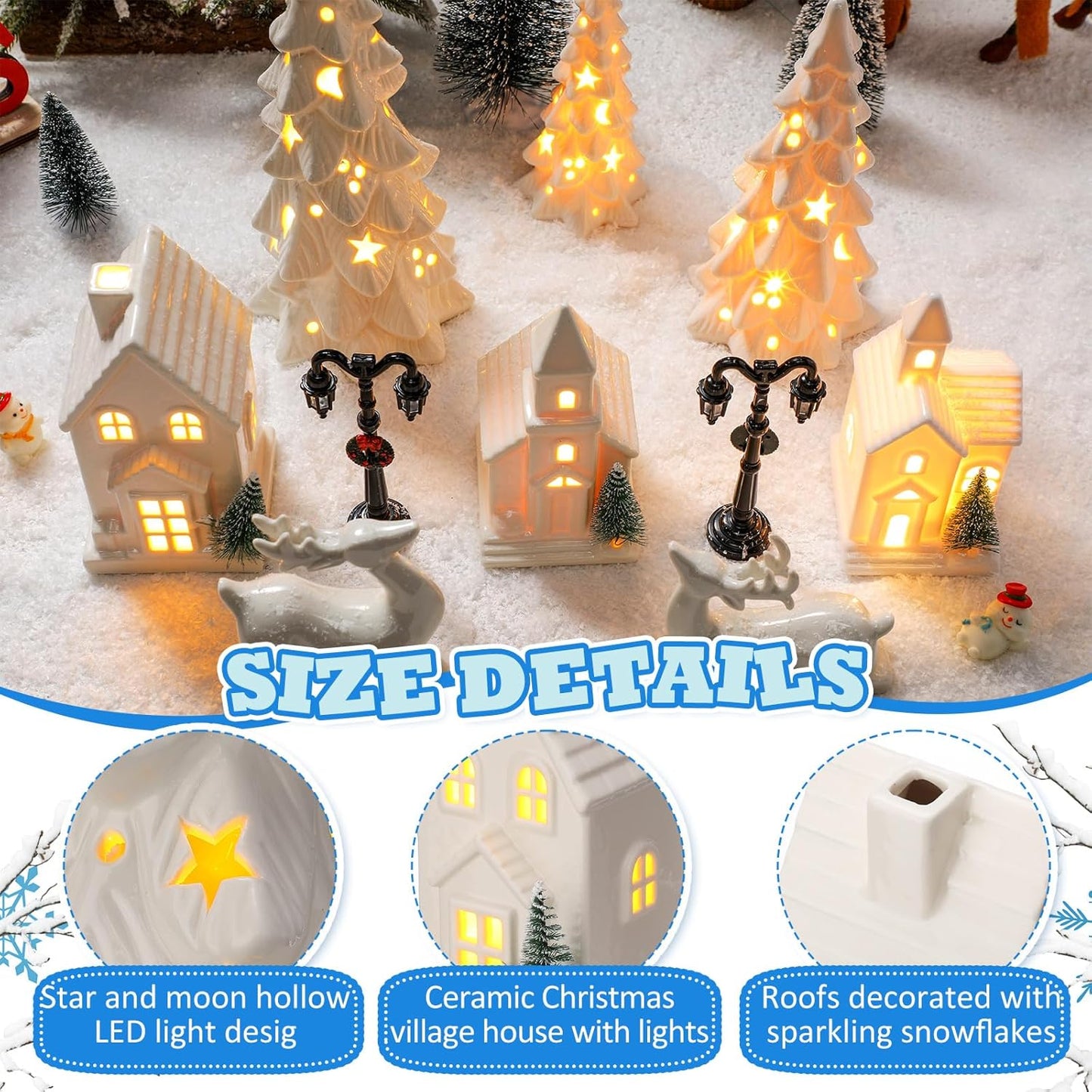 Nuogo Light Up Ceramic Christmas Trees Set - 6 Pcs White LED Decor with Glitter Snow for Holiday Tables