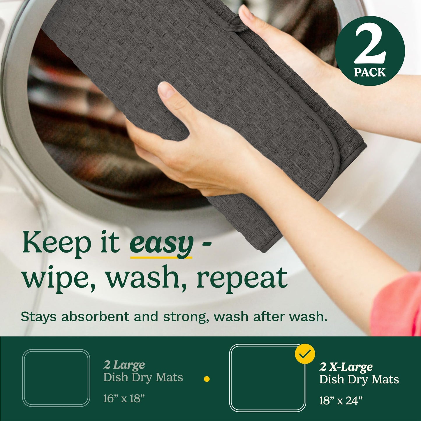 Cuisinart Dish Drying Mats for Kitchen Counter - (2) 18" x 24" Ultra Absorbent Dish Drying Mat XL - Foldable, Machine Washable, Fast Drying Dish Mat (Cascading Check)