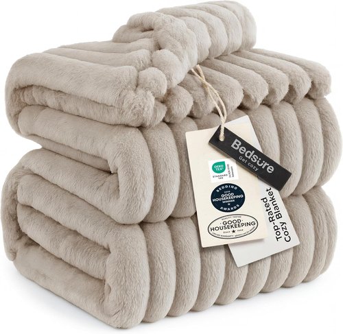 Bedsure GentleSoft Fleece Blanket - Cozy Large Throw for Bed, Beige, 120x120 Inches