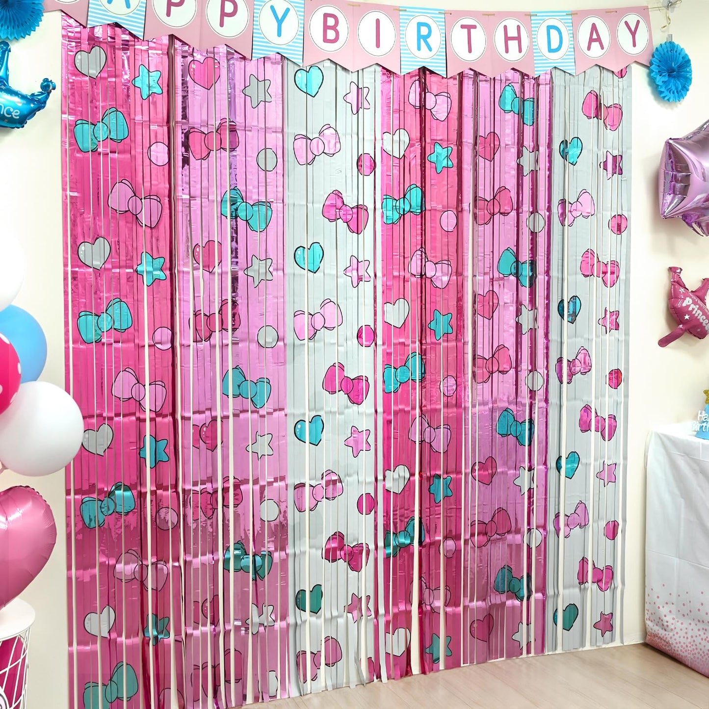 Bupelo Kawaii Birthday Decorations, 2 Pack Cartoon Cat Theme Party Supplies, 3.3 x 6.6ft Tinsel Foil Fringe Curtains, Bow Photo Booth Props, Backdrop Streamers, Perfect Room & Doorway Decor for Girls