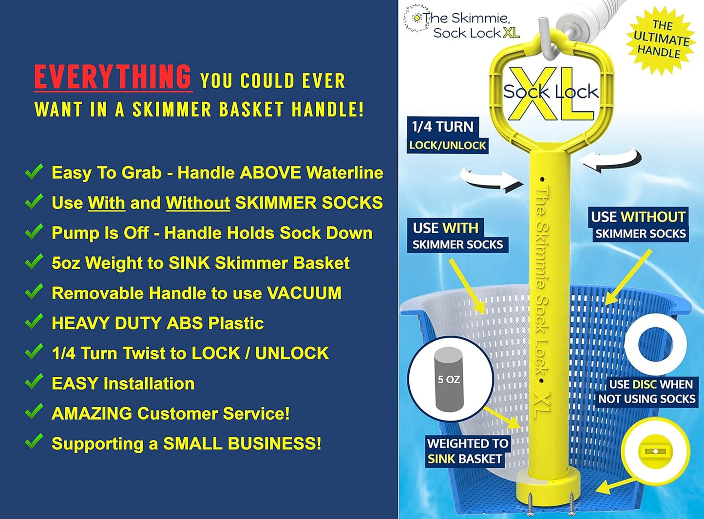 Skimmie Sock Lock XL - Weighted Pool Skimmer Basket Handle | Easy 1/4 Turn Removal | Securely Holds Skimmer Socks