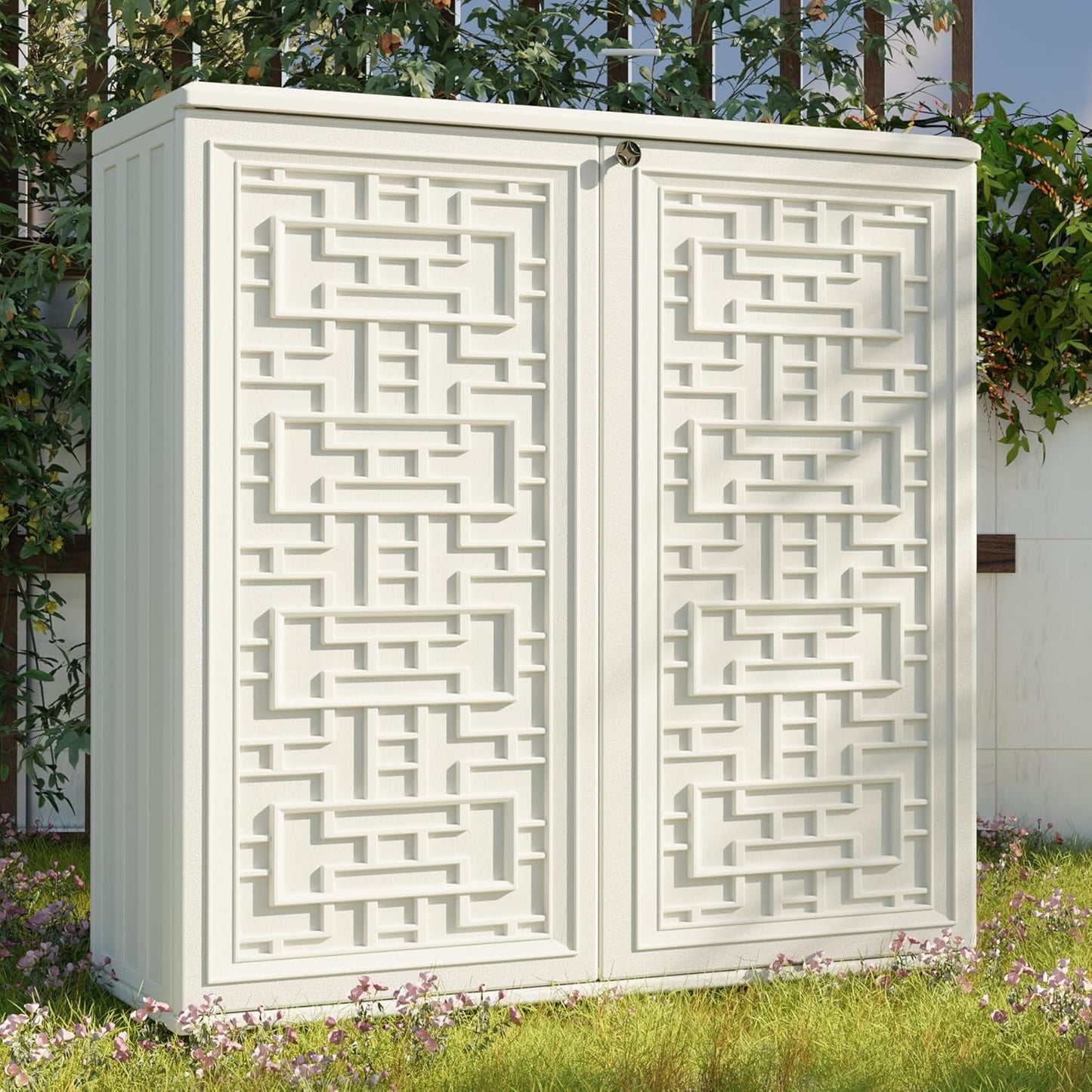 Mrosaa Waterproof Indoor Outdoor Storage Cabinet - Off White Plastic for Patio & Garden | 34.3''L x 15''W x 36.2''H