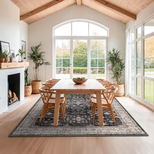 Boho Black Rug - Washable 10x14 Area Rug | Soft Low Pile Carpet for Living Room & Dining Room - Non-Slip, Stain Resistant