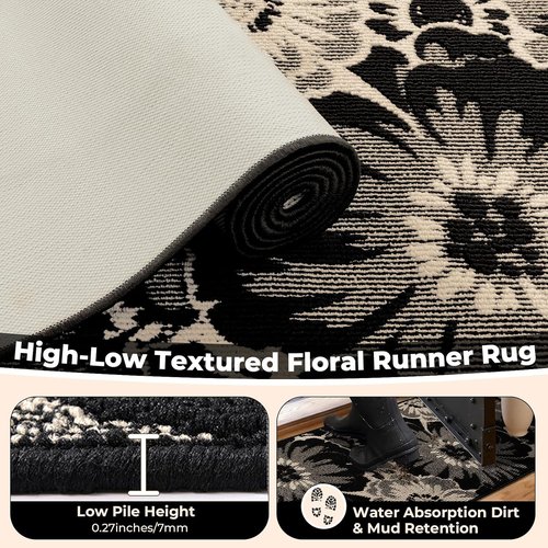 Findosom Hallway Runner Rug - Non-Slip High-Low Textured Floral Design | Washable 2x8 Boho Carpet in Black & Beige
