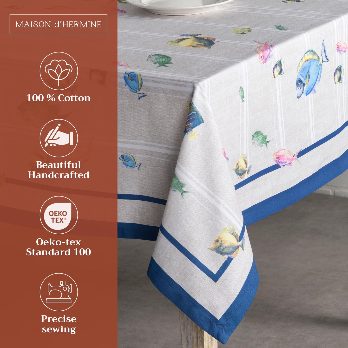 Maison d' Hermine Table Cloth Square Table 100% Cotton 54 x 54 Inches Tablecloth Reusable Decorative for Dining Kitchen Room Farmhouse Home Gifts for Mothers Day Spring Summer - Poisson
