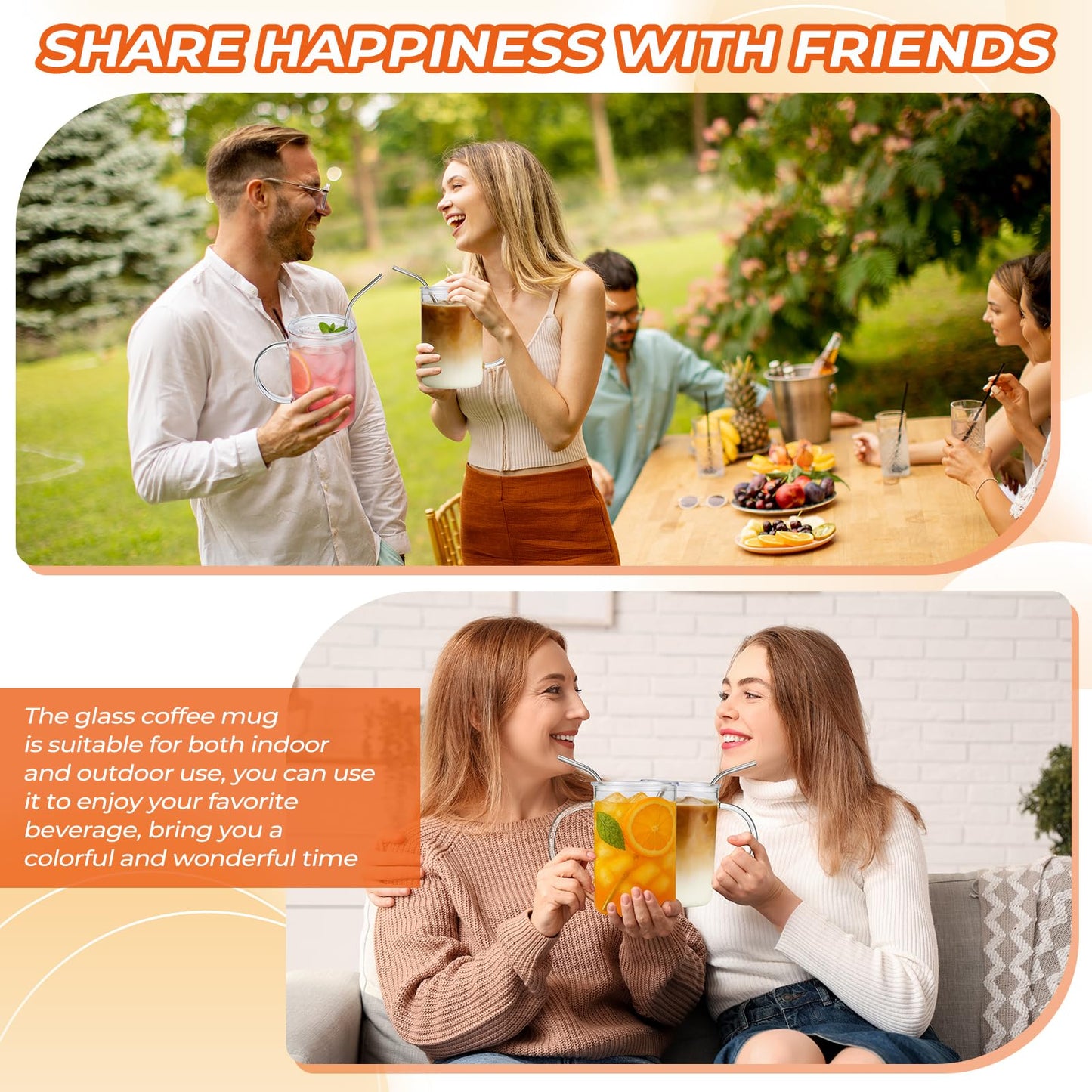Sieral 2 Pack 33.8 oz Glass Tumbler with Straw and Lid Large Glass Cup with Handles Iced Coffee Glasses Reusable Drinking Glasses Set for Iced Coffee Smoothies Drink Juice for Birthday Valentine Gift