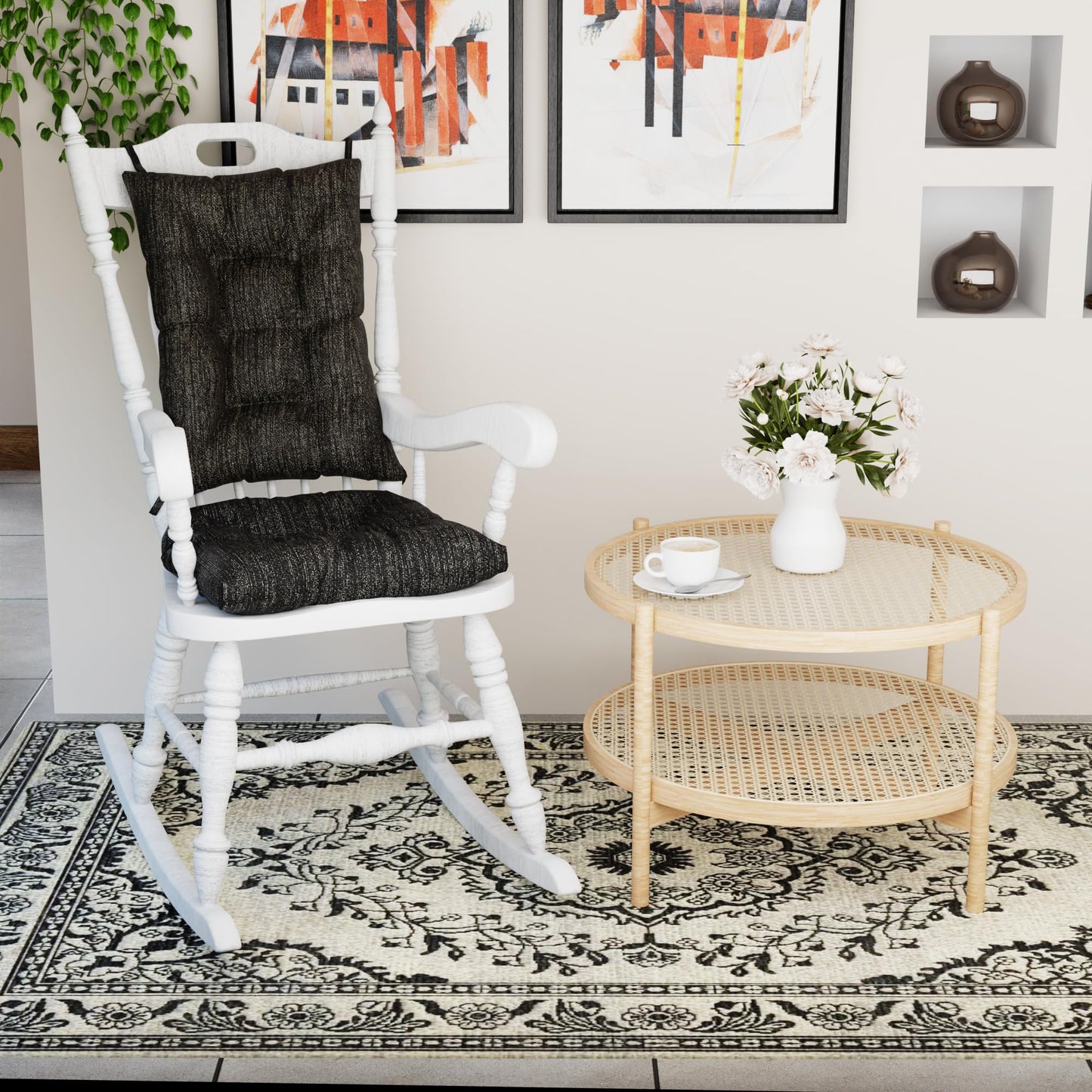 Klear Vu The Gripper Non-Slip Rocking Chair Cushion Set with Thick Padding, Includes Seat Pad & Back Pillow with Ties for Indoor Living Room Rocker, 17x17 Inches, 2 Piece Set, Black