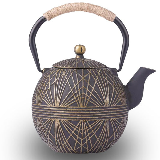 Enameled Cast Iron Teapot 34oz（1000ml） - Japanese Style Kettle with Removable Stainless Infuser & Ergonomic Handle, Stovetop Safe for Loose Leaf Tea Green and silver (Black Gold)