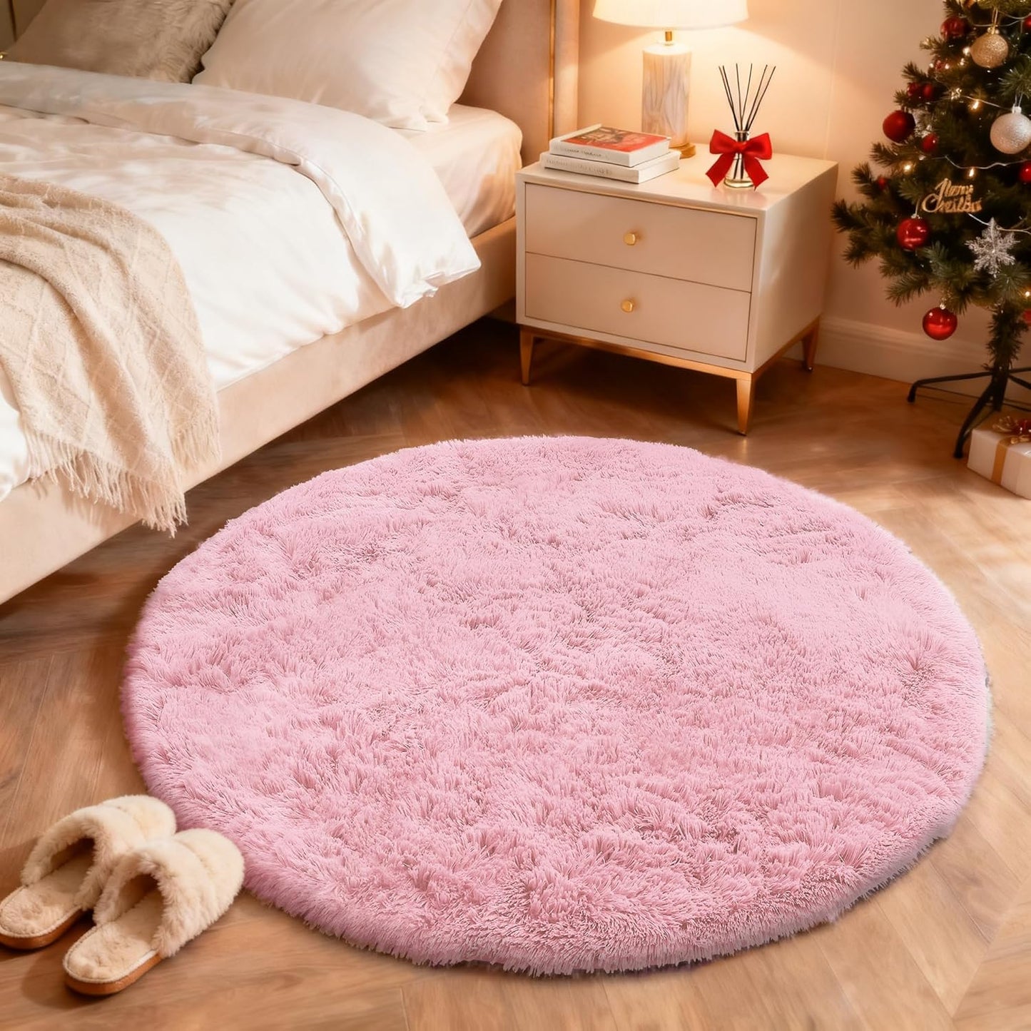 OLANLY Pink Round Rug - Soft & Fluffy Shaggy Carpet, 4 ft Circle Area Rug for Bedroom & Living Room