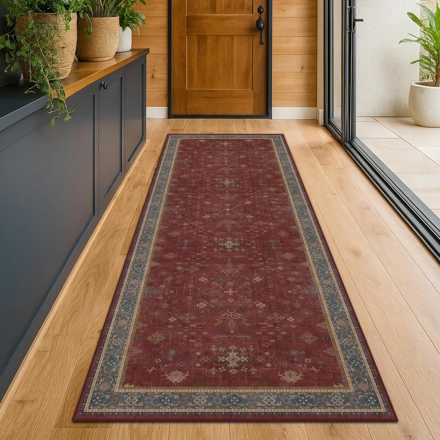 Regine Switzerland Dark Red 2'6''x8' Hallway Runner Rug - Washable Non-Slip Burgundy Floral Décor