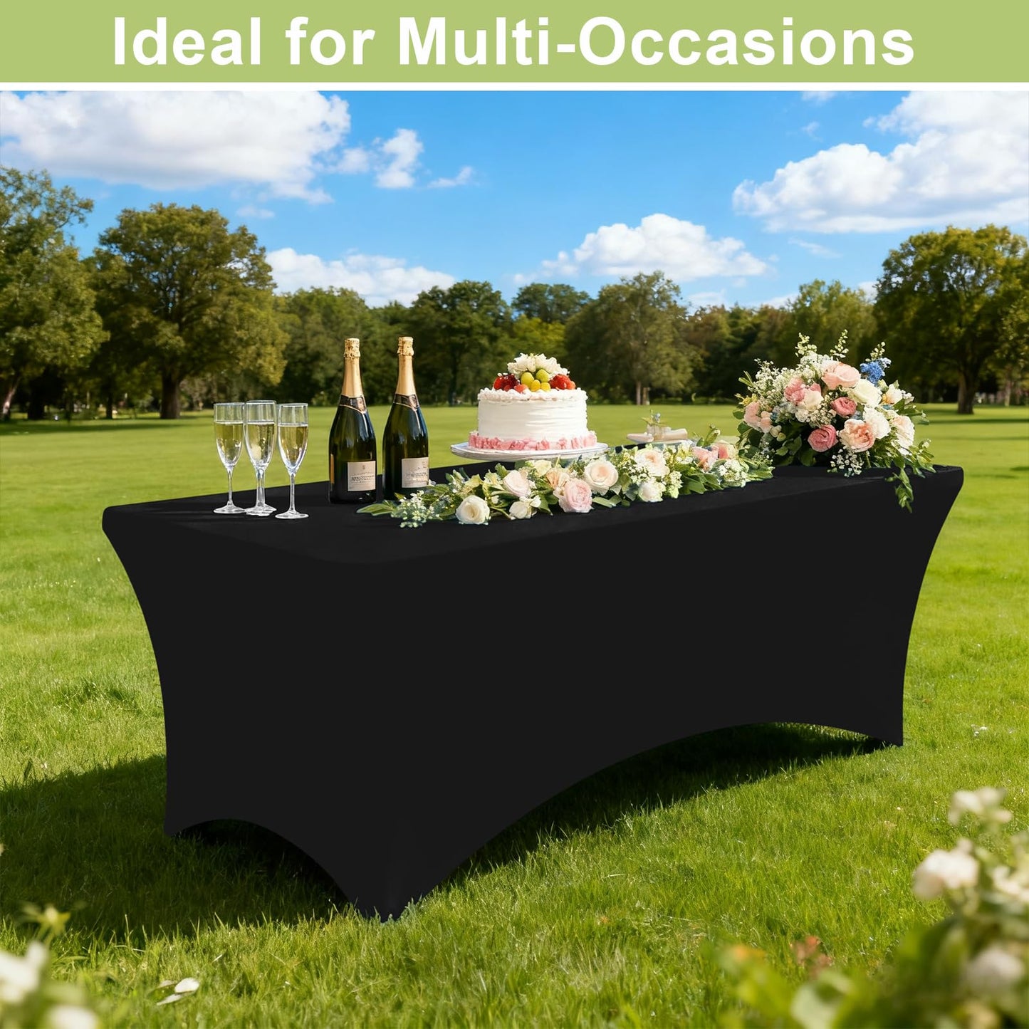 Moosfor Spandex Elastic Fitted 6FT Rectangle Tablecloth, Stretch Washable Reusable Table Cover for Outdoor Picnic, Camping, Dining, Wedding, Banquet & Party Events (Black, 72Lx30Wx30H Inch)
