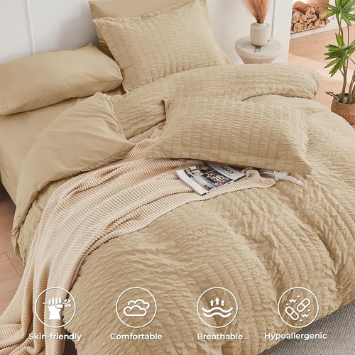 HYMOKEGE Comforter Set - Luxury 7-Piece All-Season Bedding in Khaki | Seersucker Design with Sheets & Pillowcases