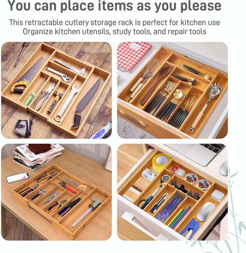 Bamboo Expandable Drawer Organizer by Skiennix - Adjustable Utensil & Cutlery Tray for Kitchen, Office & Bathroom Storage