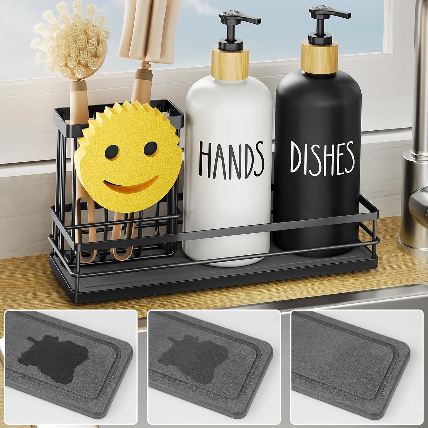 Moforoco Kitchen Dish Soap Dispenser Set - 16oz Glass Bottle with Non-Slip Silicone Pad & Brush Holder