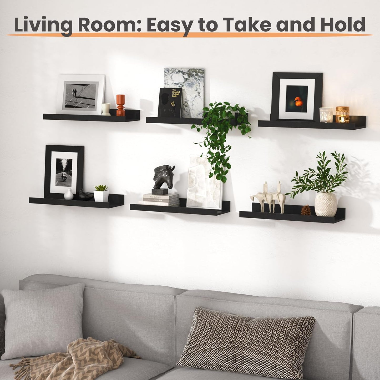 Upsimples Floating Wall Shelves - Set of 6 Decorative Wood Shelves for Bedroom, Living Room, Bathroom, Kitchen | Black