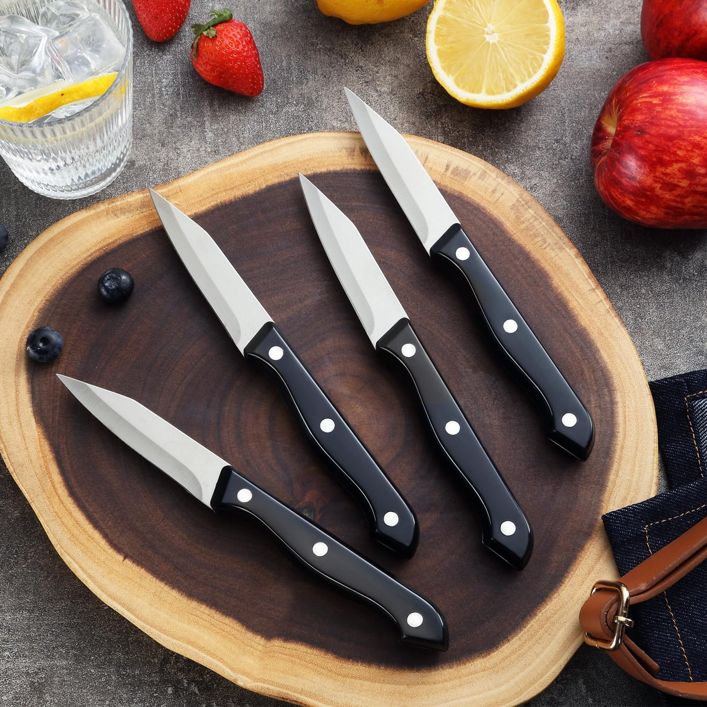 BEWOS 4-Piece Paring Knife Set - Paring Knives with Ergonomic Handle, 3.5 Inch Triple Rivet Paring Knives, Stainless Steel/Black Parers for Vegetable, Fruit & Kitchen Use