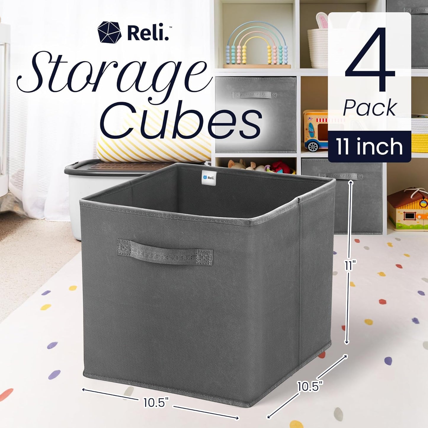 Reli. 11-Inch Cube Storage Bins - 4 Pack Fabric Organizer Boxes | Collapsible Dark Gray Cubby for Kids' Room