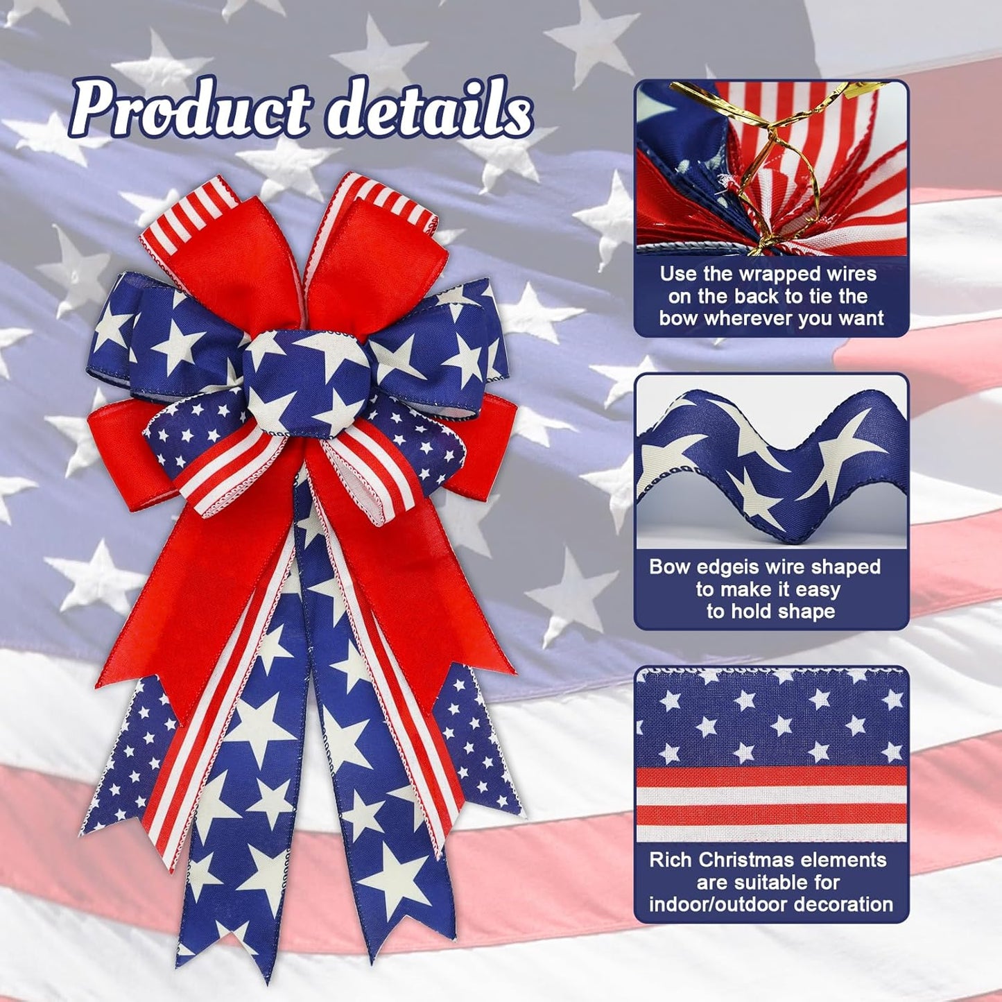 Patriotic 4th of July Bows by [Brand Name] - Pre-Tied Wired Ribbon Bows, 20x11 Inch, 2 Pack for Outdoor Decor