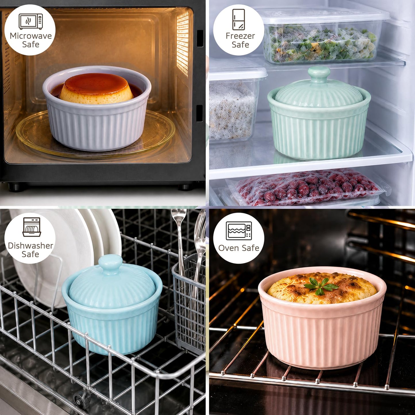 Meltset 5.5 Oz Ramekins with Lids Oven Safe Ceramics Ramekin Bowls for Baking, Porcelain Bake Dishes for Souffle, Creme Brulee, Lava Cake, Ice Cream Desserts, Snacks (Set of 5）