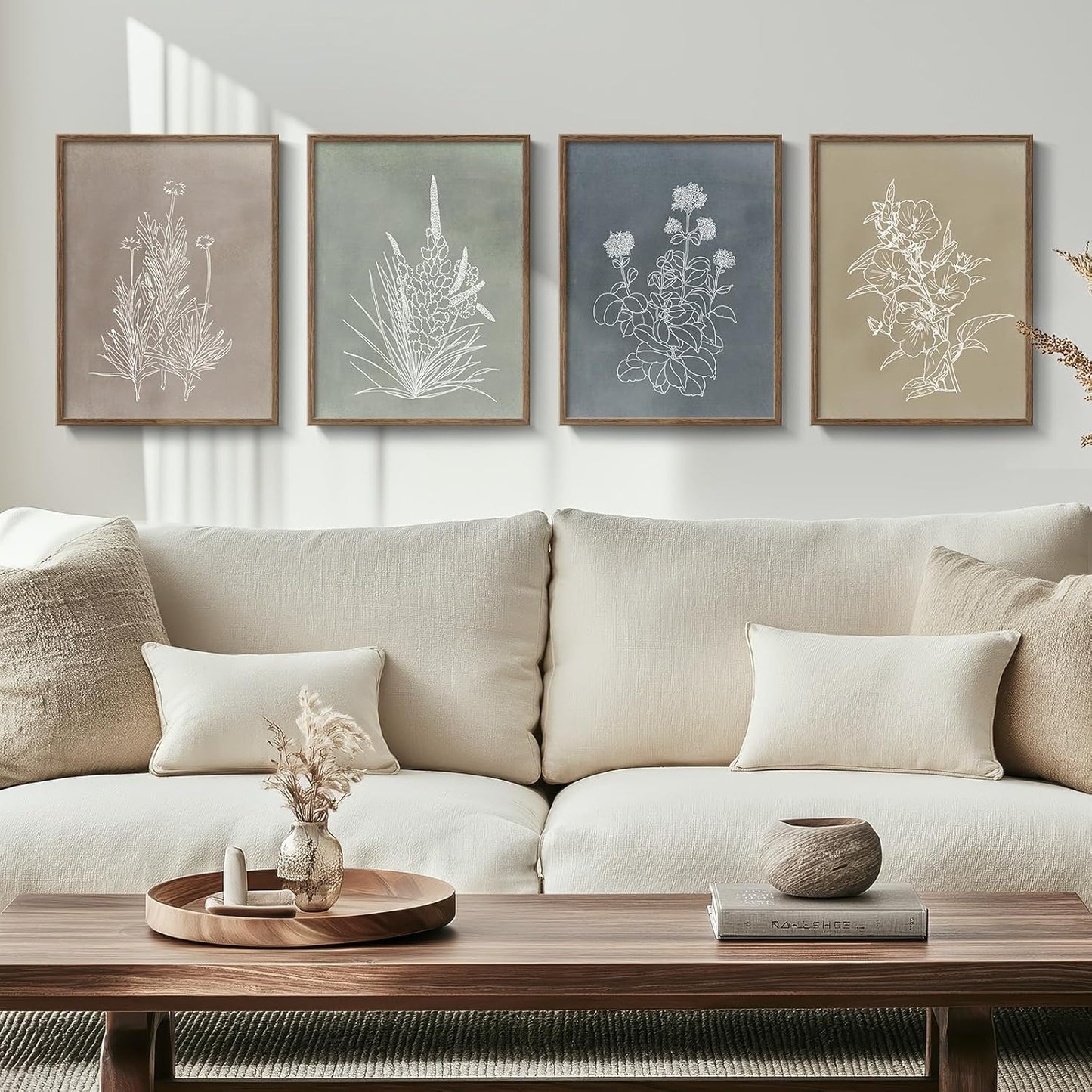 Skiennix Framed Boho Botanical Wall Art - 4 Piece Rustic Floral Canvas Prints for Modern Decor