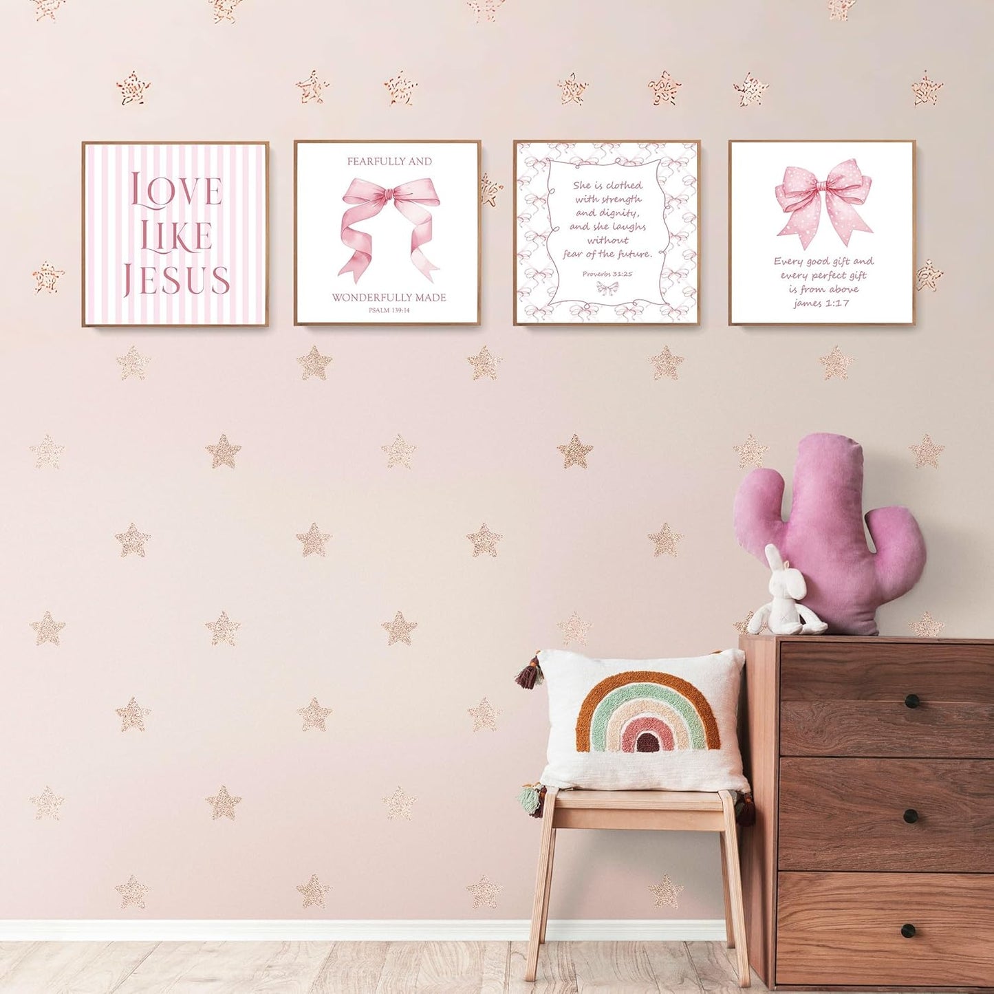 LARTSFRO Coquette Pink Bow Wall Art | Inspirational Christian Decor for Teen Girls | 10x10 Inch Set of 4 Unframed