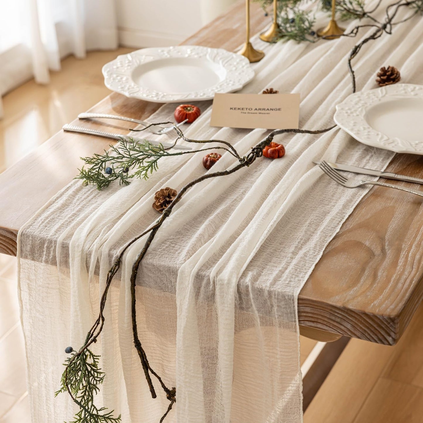 Keketoarrange 3pcs Ivory Gauze Rustic Cheesecloth Table Runner 120 Inch 10 FT for Wedding Baby Shower Bridal Shower Birthday Engagement Garden Outdoor Party Long Sheer Boho Decorations