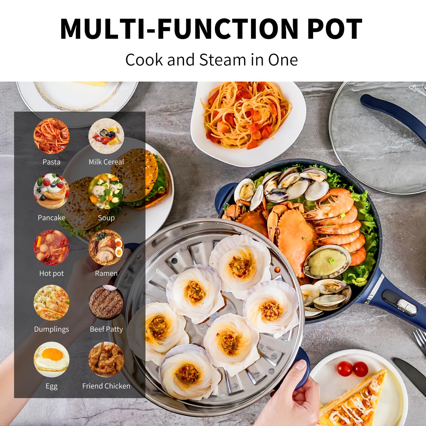 AUTUCU 3-Quart Electric Hot Pot & wok Nonstick with Steamer | Electric Skillet 1200W for Dorm, Home, Gifts (Includes Silicone Spatula) Multi-Cooker