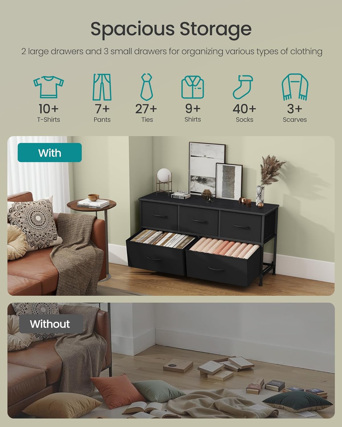 SONGMICS Dresser - 5-Drawer Storage Organizer Unit in Ink Black & Ebony Black | Steel & MDF Construction