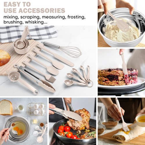 E-far 25PCS Mixing Bowls with Lid Set, Stainless Steel Nesting Prep Bowls with Grater Attachments Non-Slip Bottoms for Cooking, Serving, Food Storage, 4.6/2.6/2/1.5/1/0.7QT - Khaki