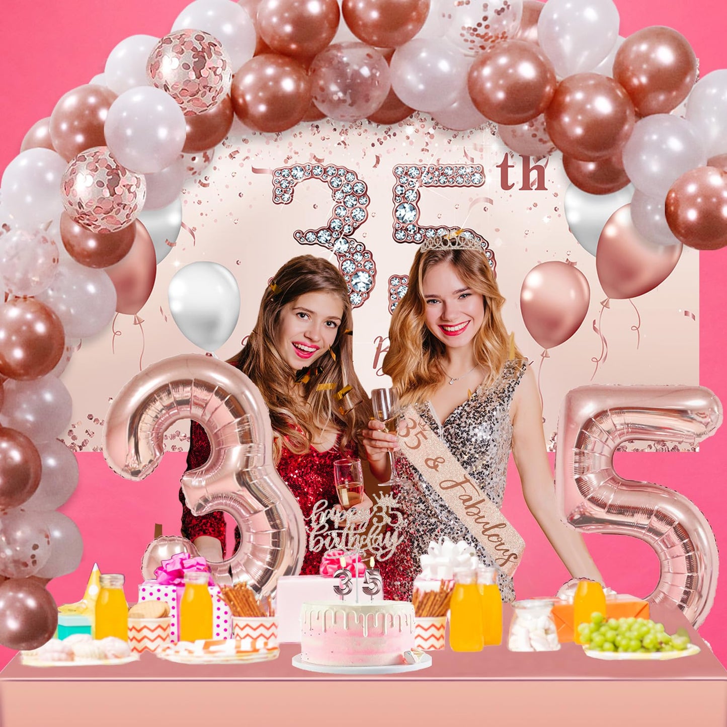 Trgowaul 24th Birthday Decorations Party Set for Women, Rose Gold 24th Banner and Tablecloth, 24 & Fabulous Sash and Tiara, Cake Topper, Pink Gold 24 Number Balloons
