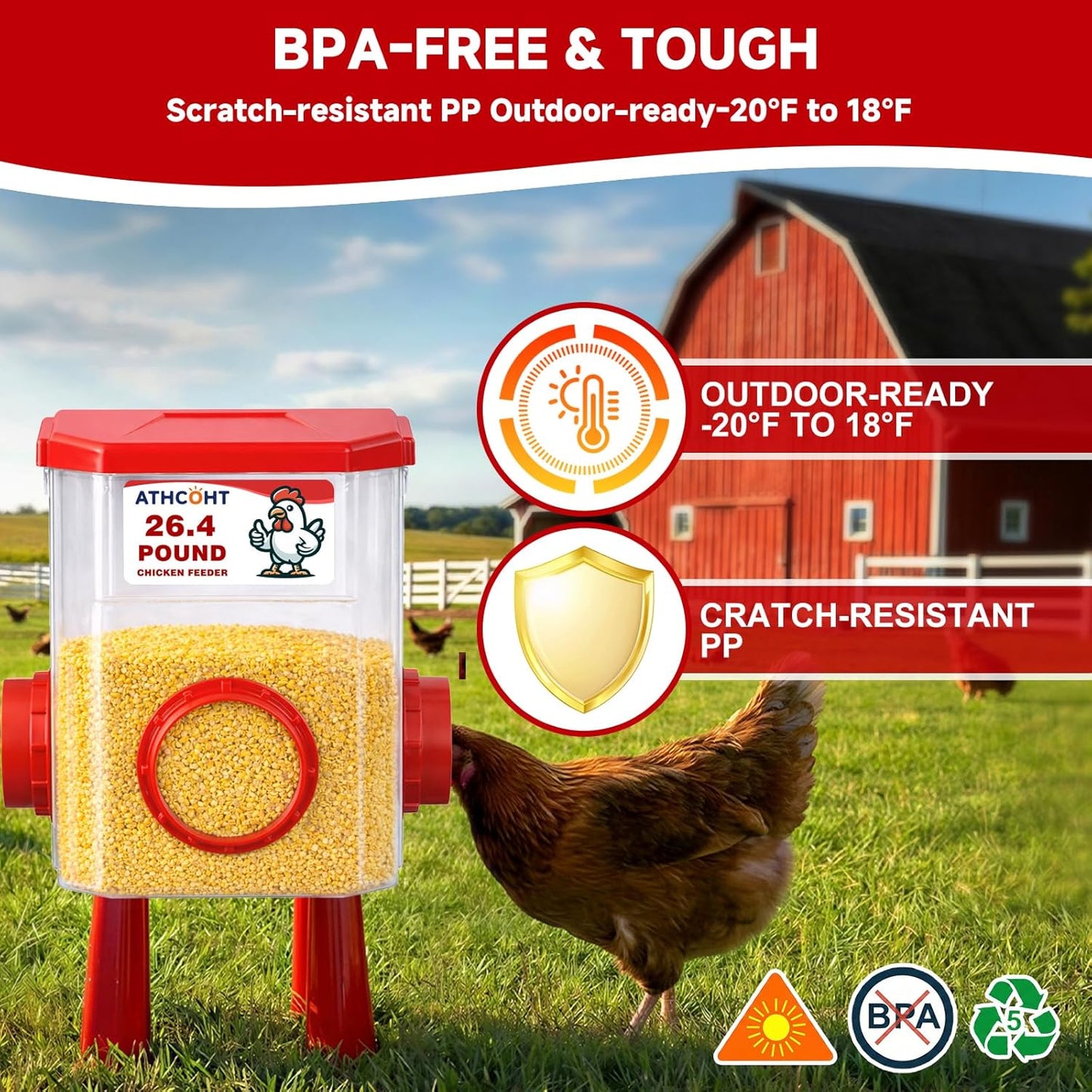 Skiennix Large Chicken Feeder & Waterer Set - 3.1 Gallon Automatic System with 4 Cups & 3 Ports | No Waste Poultry Accessories for Hens